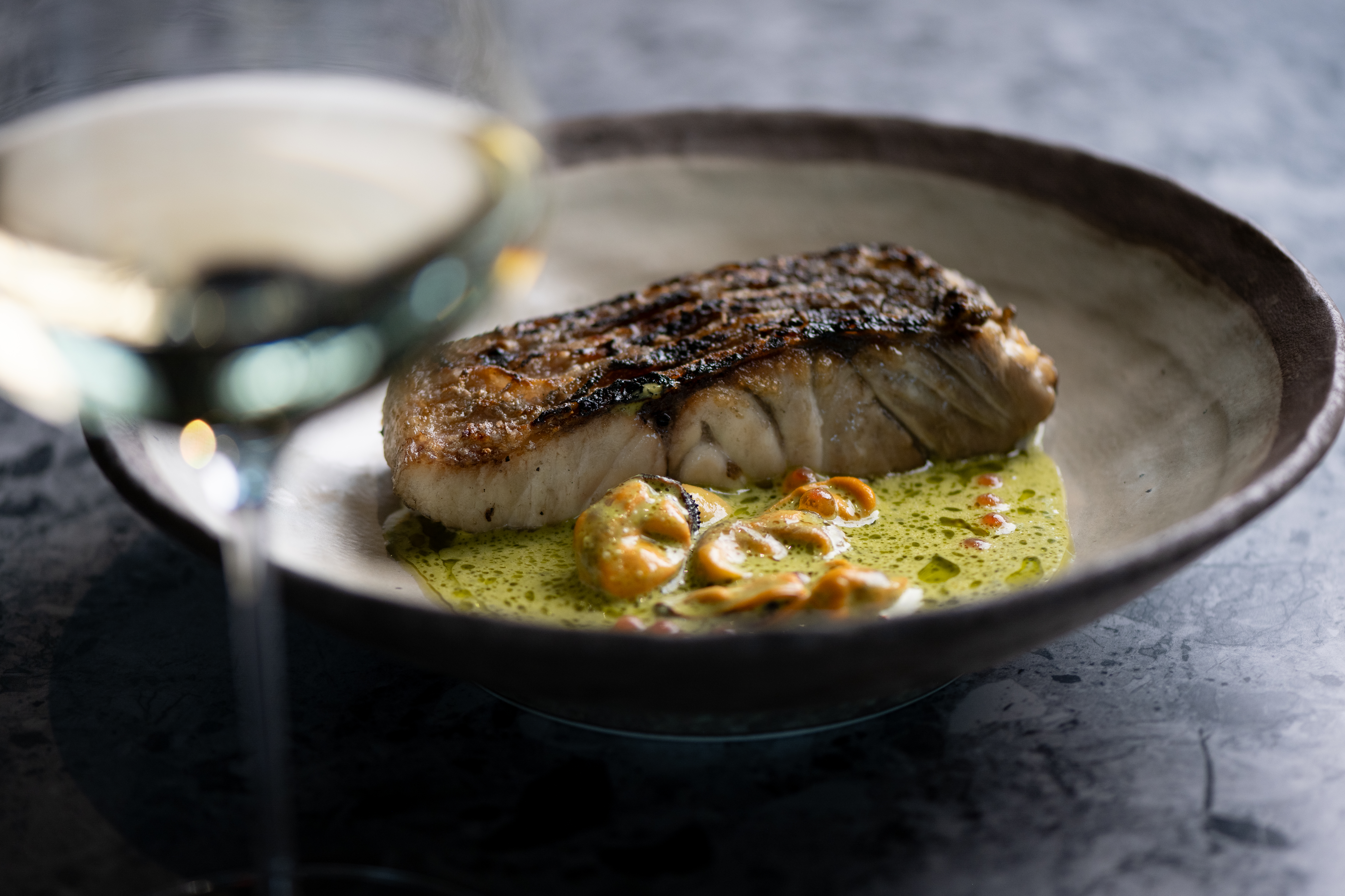 Market fish with mussels and salmon roe