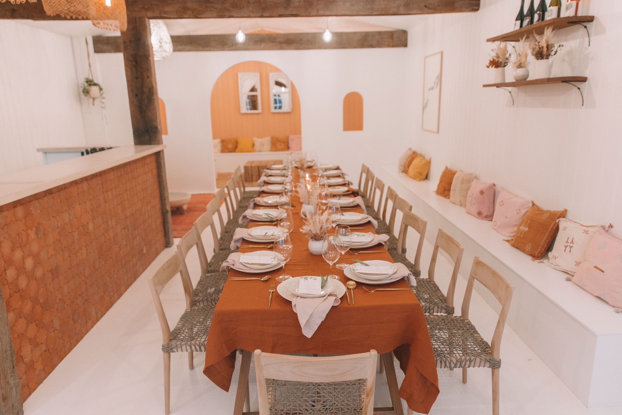Long dining table at Fiore Restaurant at Down the Rabbit Hole Wines