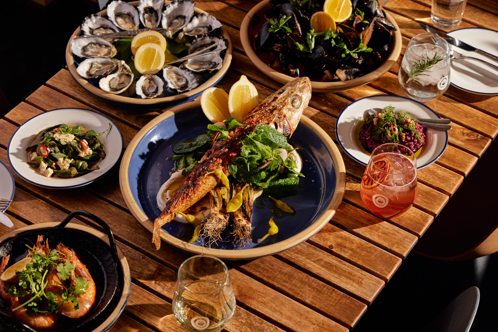 A rnage of plates of seafood Pearl Restaurant in Aldinga